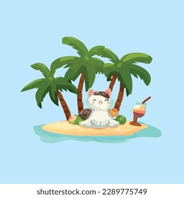 cute cat Enjoy summer sunbathing on a small island under coconut tree while drinking iced juice