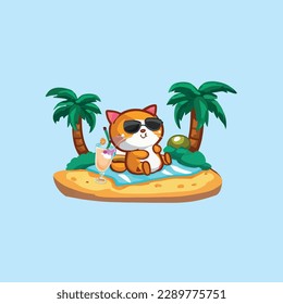 cute cat Enjoy summer sunbathing on a small island under coconut tree while drinking iced juice