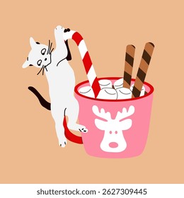 Cute Cat Enjoying Hot Chocolate with Candy Cane