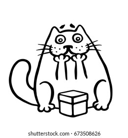 Cute cat enjoys the gift in the box. Vector illustration. Cartoon character.