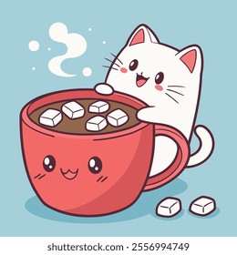 A cute cat enjoys a warm drink with sugar cubes in a playful design.