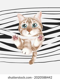 cute cat entangled on stripe background vector illustration