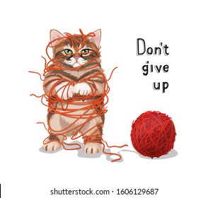 Cute cat entangled in threads illustration.
