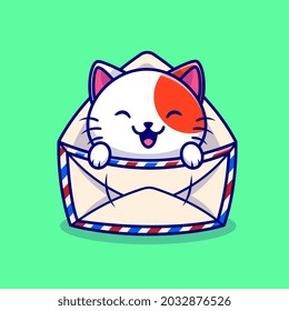 Cute Cat In Envelope Cartoon Vector Icon Illustration. Animal Mail Icon Concept Isolated Premium Vector. Flat Cartoon Style 