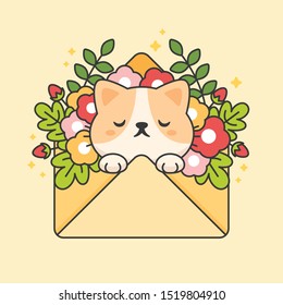 Cute cat in an envelope with flowers and leaves cartoon animal character vector. Cartoon character design.