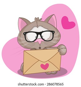 Cute Cat in with envelope on a heart background
