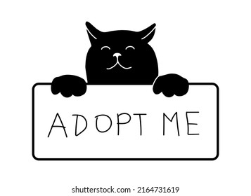 Cute cat face with banner, adopt me phrase, conceptual illustration isolated on white background. Doodle vector drawing. Rescue abandoned pet in shelter.