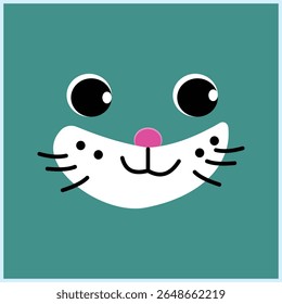 Cara de gato bonito com olhos grandes, nariz cor-de-rosa e sorriso doce. Adequado para design infantil, decoração, brinquedos ou mídia de aprendizagem interessante e divertido.