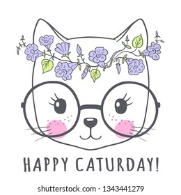 Cute cat face with bindweed wreath. Happy Caturday slogan. Cartoon vector illustration design for t-shirt graphics, fashion prints, slogan tees