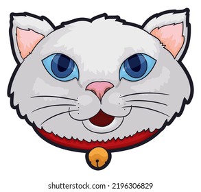 Cute cat face with blue eyes, white fur and open mouth, wearing a red collar and golden jingle bell.