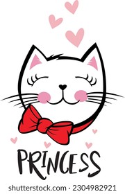 Cute cat face with a bow and heart.For fashion fabric design, t-shirt prints, cups, stickers, postcards. Vector illustration