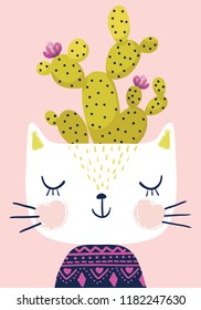 Cute cat face with cactus illustration for fashion artwork, t shirt prints, children books, stickers.