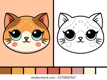 Cute cat face cartoon illustration in coloring page style baby pet animal