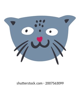 Cute cat face. Cat character. Print on children's clothing. Baby poster in the nursery. Vector illustration for greeting card, invitation.