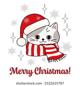 Cute cat face in Christmas scarf and Santa hat, flat vector illustration, greeting card, print for clothes.