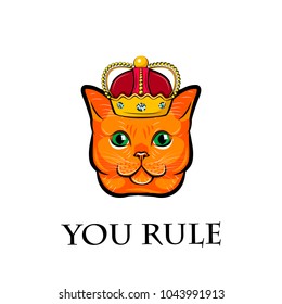 Cute cat face with crown. Cat king. You rule text. Vector illustration isolated on white background.