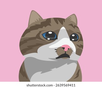Cute cat face crying, tears of joy, happiness. Cartoon flat vector illustration.