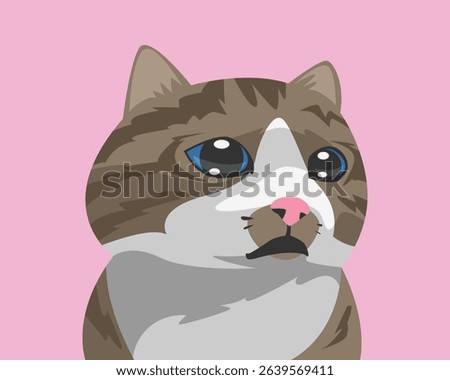 Cute cat face crying, tears of joy, happiness. Cartoon flat vector illustration.