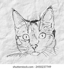 Cute cat face drawing vector on crumpled paper background.