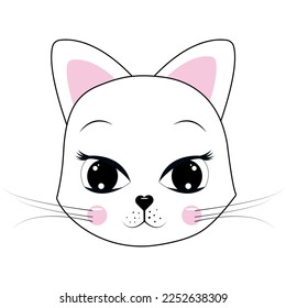 Cute cat face .Fairy tale theme. For the design of fashion fabric, t-shirt prints, cups, stickers, cards. Vector.