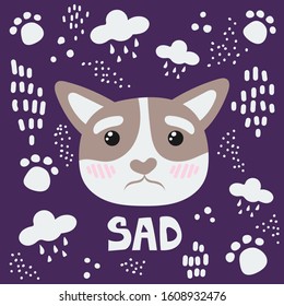 Cute cat face. Flat vector illustration on the background of various graphic elements. The emotion of sadness.