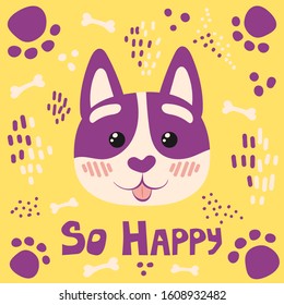 Cute cat face. Flat vector illustration on the background of various graphic elements. The emotion of joy and happiness.