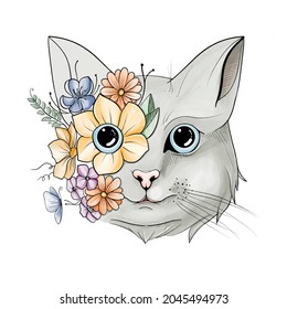 Cute Cat face floral doodle art with colorful flowers shinning eyes