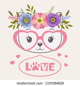 Cute cat face with floral wreath, pink heart glasses. Love slogan. Vector illustration