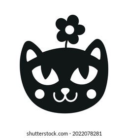 Cara de gato con flor. Graciosa ilustración de verano. Silueta blanca y negra vectorial aislada