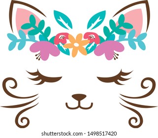 Cute cat face with flowers vector illustration for kids artworks, t-shirt prints, children books, greeting cards.