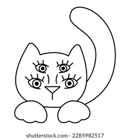 Cute cat face with four eyes. Doodle vector illustration, clipart.