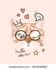 Cute Cat Face In Glasses And Heart Icons Illustration