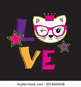Cute cat face with glasses. Love kitty. 