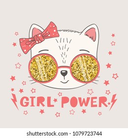 Cute cat face with glittering sunglasses. Girl Power slogan. Hand drawing vector illustration