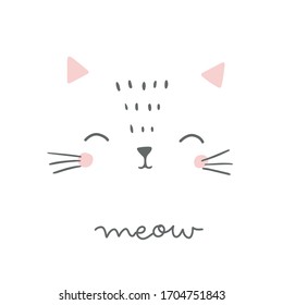 Cute cat face in hand drawn style with hand lettering meow. Cute cat face. Girl children vector doodle illustration.