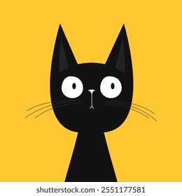 Linda cabeza de cara de gato. Gatito gracioso. Orejas grandes. Icono de silueta negro. Animal de compañía kawaii. Dibujos animados divertido personaje de bebé. Estilo infantil. Feliz Halloween. Diseño plano. Fondo amarillo. Ilustración vectorial