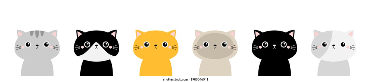 Cute cat face head icon set line. Different breeds. Kitten silhouette. Funny kawaii cartoon baby character. Happy Valentines Day. Notebook sticker print template. Flat design. White background. Vector