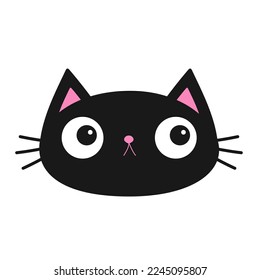 Cute cat face head icon. Cartoon funny character. Kawaii kitten baby animal. Love Greeting card. Black silhouette sticker. Flat design style. Happy Valentines Day. White background. Isolated. Vector