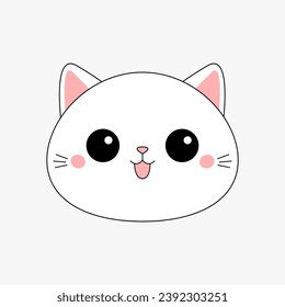 Cute cat face head icon. Line contour silhouette. Cartoon baby character. Funny kawaii sad doodle animal. Pink cheeks, tongue, ears. Pet collection. Flat design. White background. Vector illustration