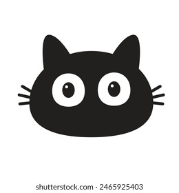 Nette Katze Gesicht Kopf Symbol. Schwarzes Kätzchen mit großen Augen. Nette Cartoon Kawaii lustige Baby-Haustier-Figur. Flaches Design. Grußkarte Tshirt Aufkleber Print Banner Vorlage. Weißer Hintergrund. Vektorgrafik