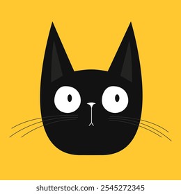 Icono lindo de la cabeza de la cara del gato. Gatito gracioso. Orejas grandes. Icono de silueta negro. Feliz Halloween. Animal de compañía kawaii. Dibujos animados divertido personaje de bebé. Estilo infantil. Diseño plano. Fondo amarillo. Vector