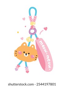 Nette Katze Gesicht Kopf Schlüsselanhänger Tasche mit Perle.Fisch handgezeichnet.Tier Cartoon.Miau.Bild für Karte, Aufkleber, Dekoration item.Kawaii.Vector.Illustration.