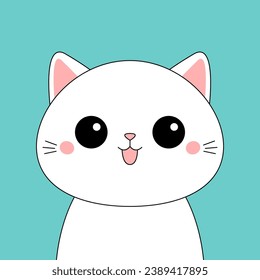 Cute cat face head line contour silhouette icon. Funny kawaii sad doodle animal. Pink cheeks, tongue, ears. Cartoon baby character. Pet collection. Flat design. Blue background. Vector illustration