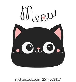 Netter Katzenkopf. Miau-Text. Cartoon lustige Figur. Kawaii glückliches Kätzchen Baby Tier. Liebe Grußkarte. Schwarzer Silhouettenaufkleber. Kinderstil. Flaches Design. Weißer Hintergrund. Einzeln. Vektorgrafik