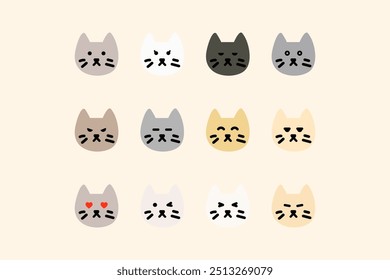 Cute cat face head set. Feeling, emotion, emoticon, facial expression concepts. Flat decorative animal cartoon character vector design isolated illustration.