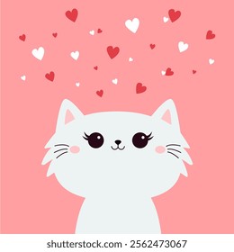 Cute cat face head. White fluffy kitten. White red hearts. Happy Valentines Day. Cartoon funny kitty character. Kawaii animal in love. Greeting card . Flat design. Pink background. Vector illustration