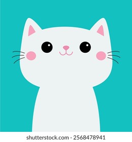 Cute cat face head. White kitten girl. Cute cartoon kawaii funny kitty character. Animal in love. Happy Valentines Day. Love Greeting card. Flat design. Blue background. Vector illustration