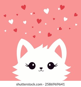 Cute cat face head. White fluffy kitten. White red hearts. Happy Valentines Day. Cartoon funny kitty character. Kawaii animal in love. Greeting card . Flat design. Pink background. Vector illustration