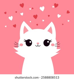 Cute cat face head. White fluffy kitten. Happy Valentines Day. Cartoon funny kitty character. Kawaii animal in love. Greeting card . Flat design. Pink background. White red hearts. Vector illustration