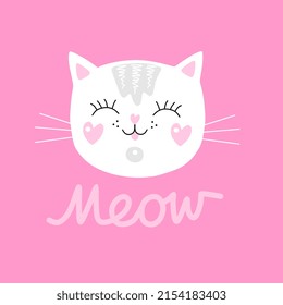 Cute cat face with heart-shaped cheeks, hand drawn in vector, isolated on a pink background and the inscription Meow. Nice print for t-shirt, card.